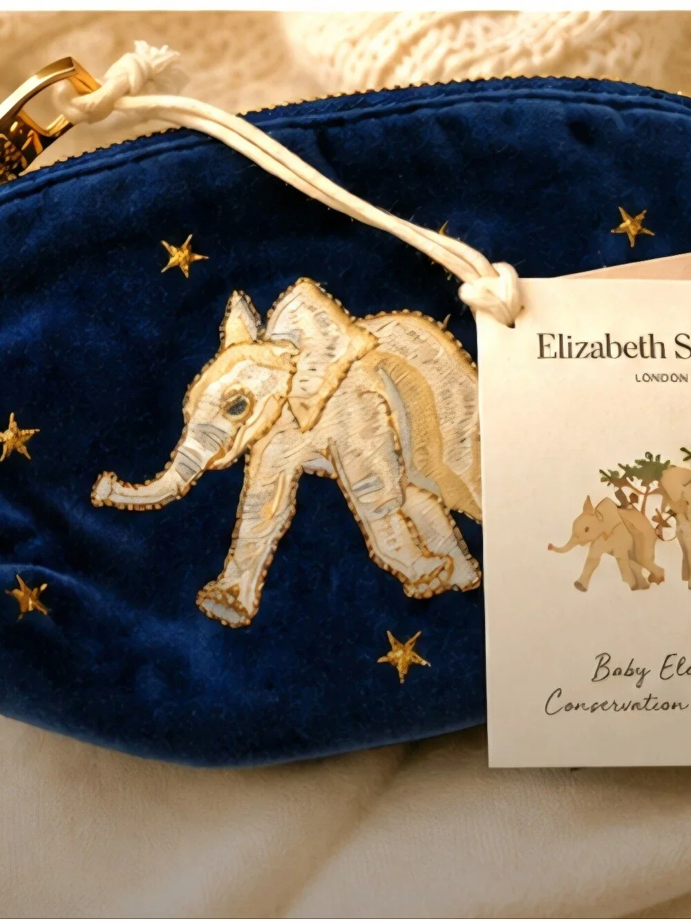 Elizabeth Scarlet Navy Velvet Pouch with Gold-Embroidered Baby Elephant NWT